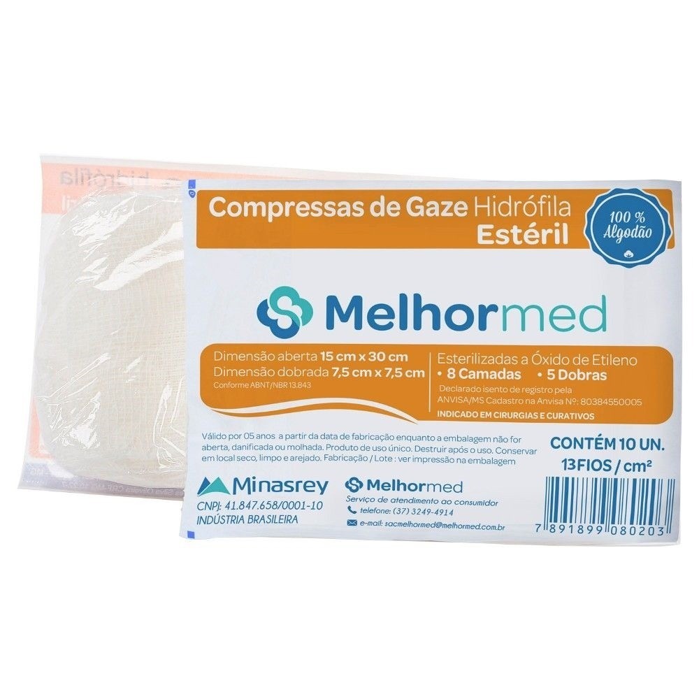 Compressa De Gaze 15x30 Cm 13 Fios 10un Melhormed Esteril
